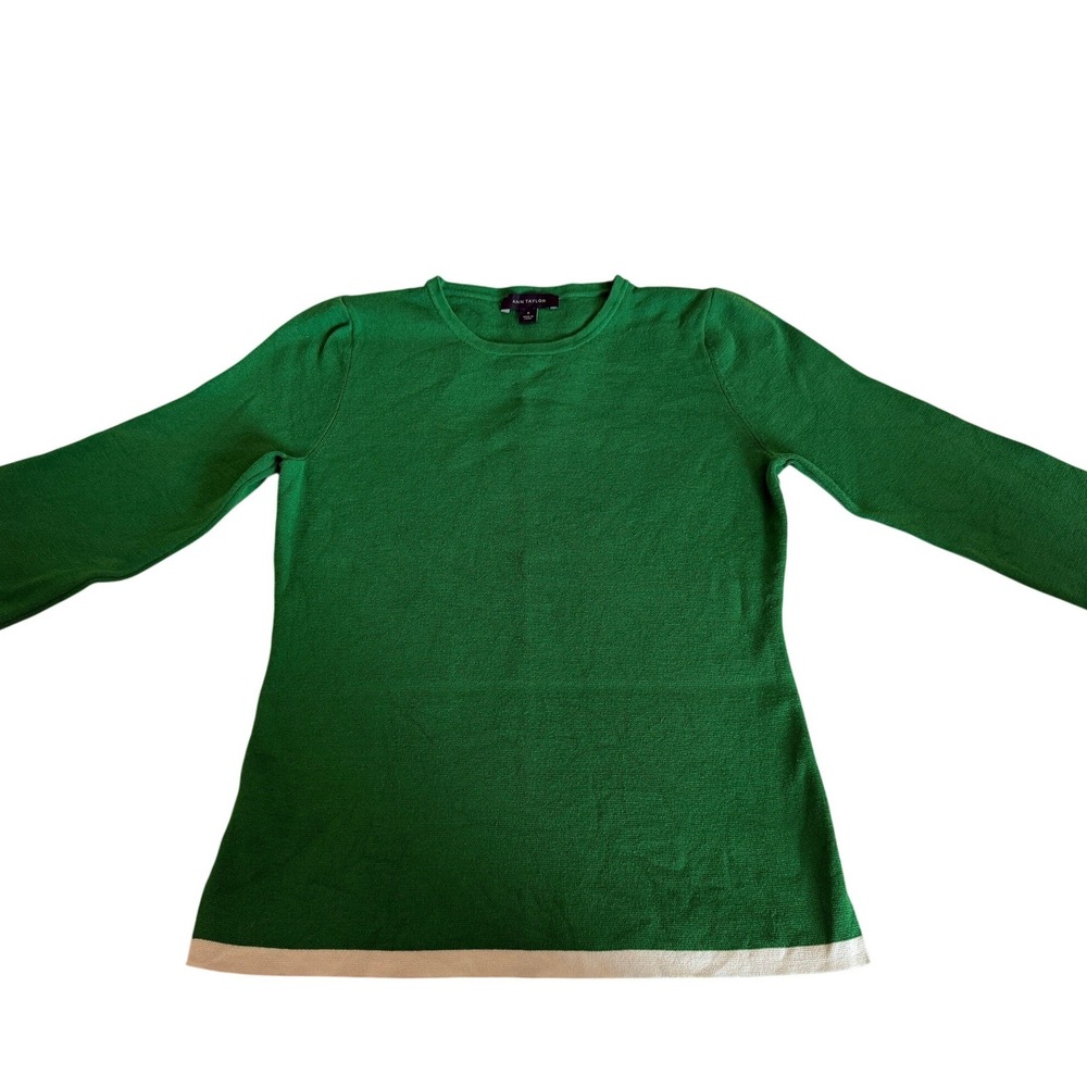 Ann Taylor Womens Medium Green Knit Sweater 3/4 Bell Sleeve Crew Neck White Trim